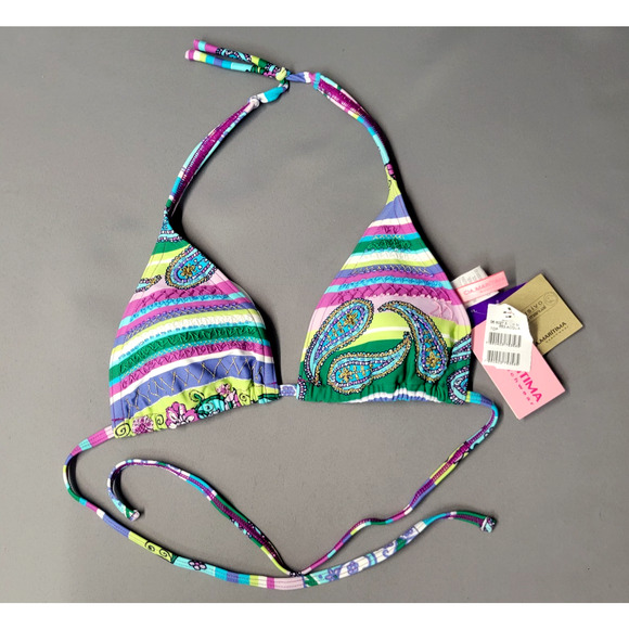 Cia Maritima Floral Bikini Top Womens Medium Embroidered Beaded Stripe Swimwear - Picture 7 of 12